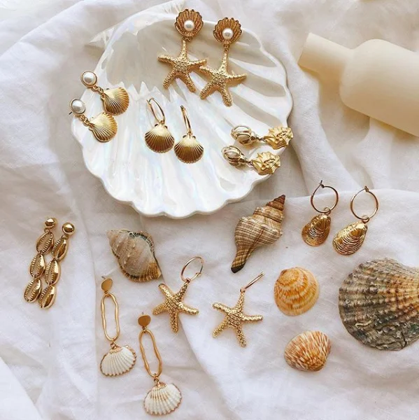 

IF YOU Fashion Women Bohemian Gold Starfish Conch Cowary Shell Big Circle Drop Earrings High Quality Shell Dangle Earrings 2019