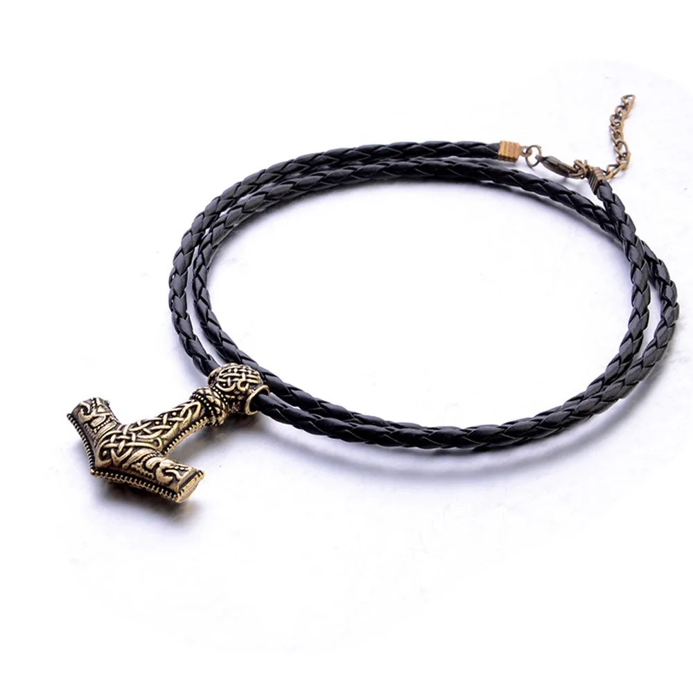 1pcs Norse Vikings Amulet PENDANT Necklaces Hammer Of Thor Mjolnir Pendant Leather Rope Necklaces Animal Knot Viking Jewelry - Окраска металла: Золотой цвет