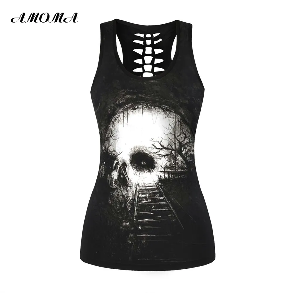 

AMOMA Women's Fashion Halloween Tank Tops Rail Tree Scenery Skull 3D Print Sleeveless Hollow Out Skintight Vest