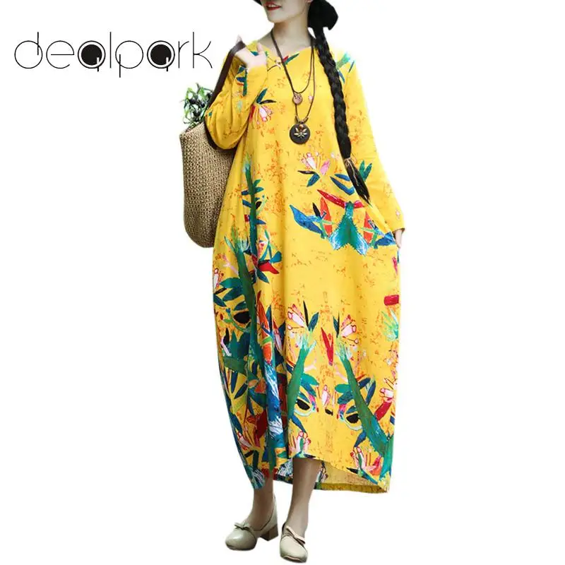 Buy Women Maxi Dress Floral Print Loose Dress Frog Buttons V Neck Long Sleeve