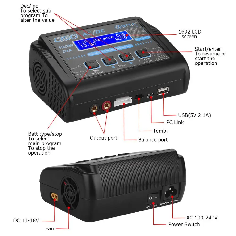 HTRC C150 lipo зарядное устройство AC/DC 150 Вт 10A RC умное для LiPo LiHV LiFe Lilon NiCd NiMh Pb Зарядное
