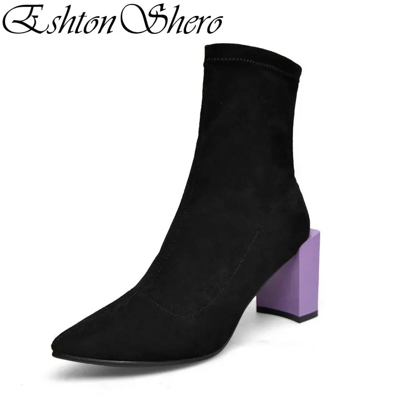 

EshtonShero Shoes Woman Ankle Women Sock Boots High Heels Flock Mixed Color Pointed Toe Ladies Riding Boots Size 34-39