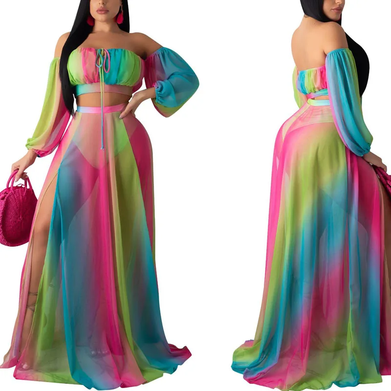 IASKY, летнее Радужное шифоновое пляжное длинное платье, сексуальное женское платье с открытыми плечами+ длинные юбки, бикини, купальник, накидка