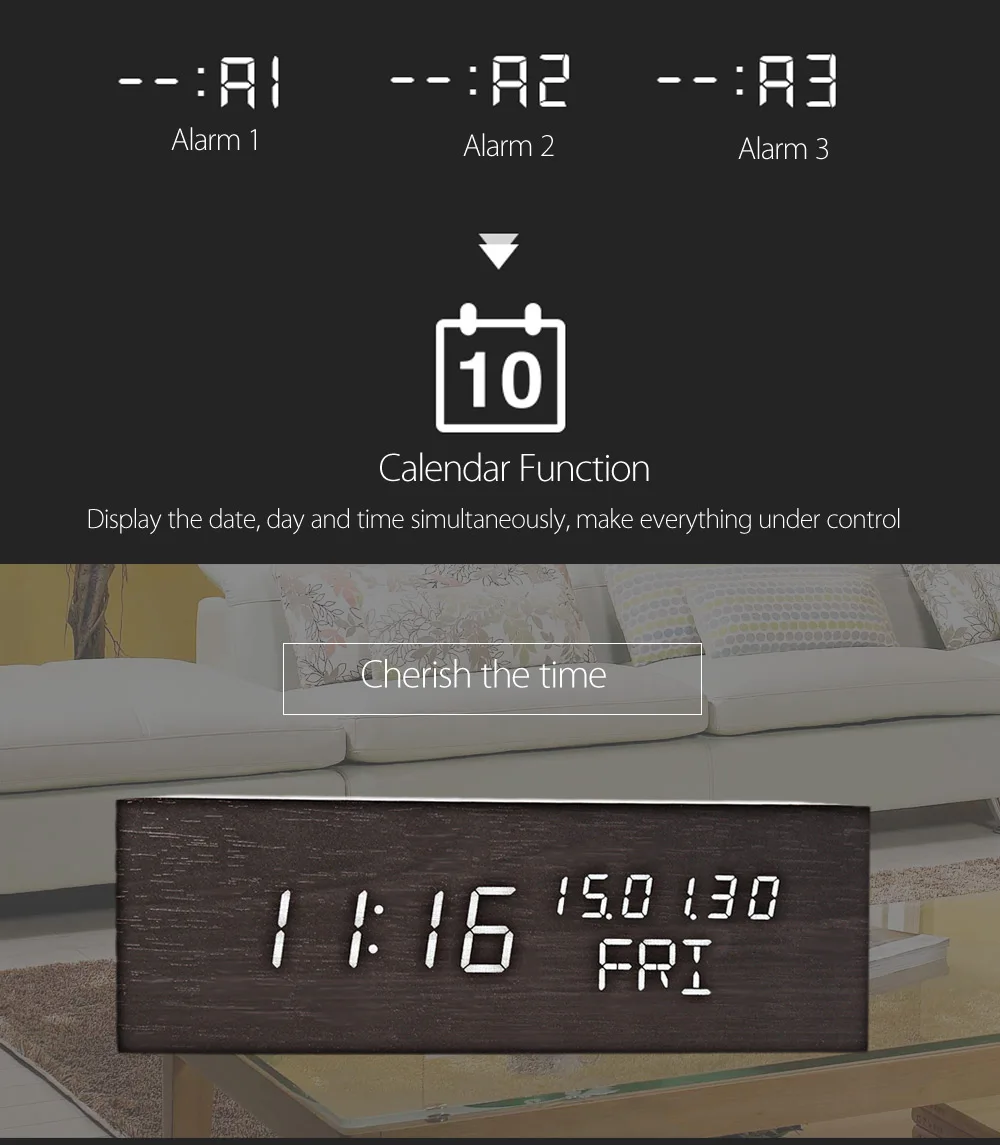 Деревянный светодиодный Будильник Звуковое управление старый стиль Температура Календарь светодиодный электронный дисплей Настольные Цифровые настольные часы Fibisonic