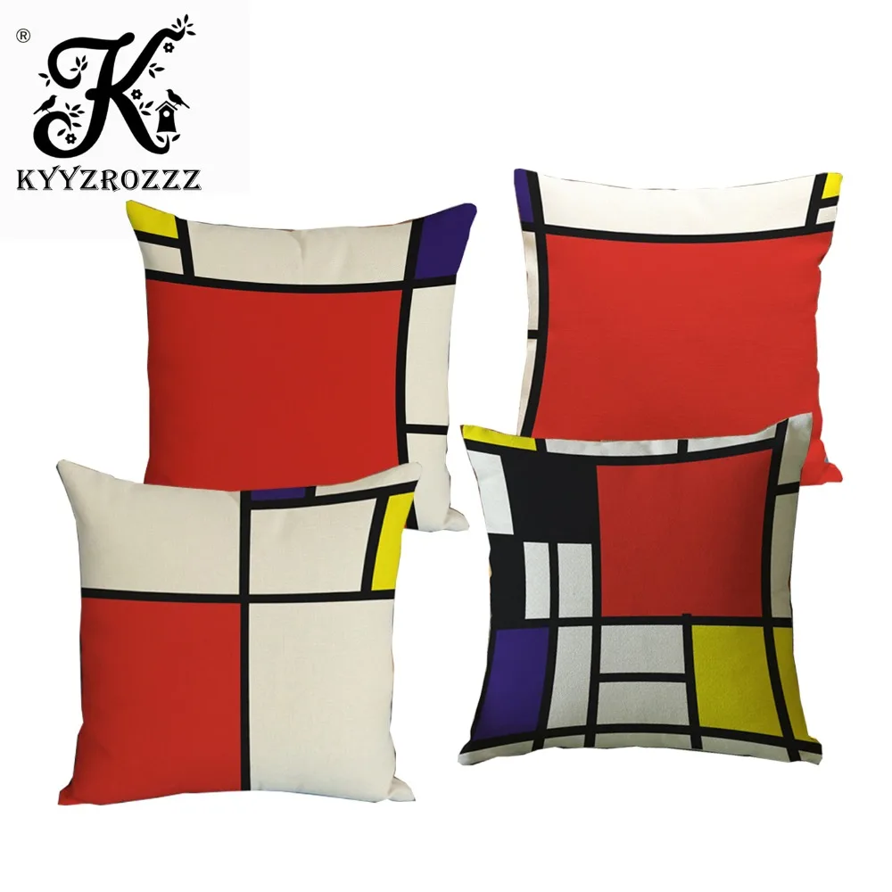 

New Modern Colorful Mondrian Grid Printing Cushion cover Linen Cotton Pillow Case Square 45*45cm Home textile product