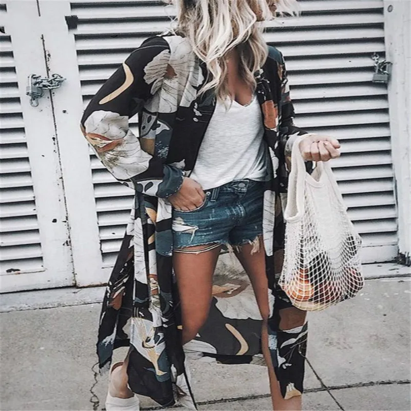 

2019 European and American Printing Thin Long-sleeved Chiffon Cardigan Lengthening Sun Protection Clothing Women