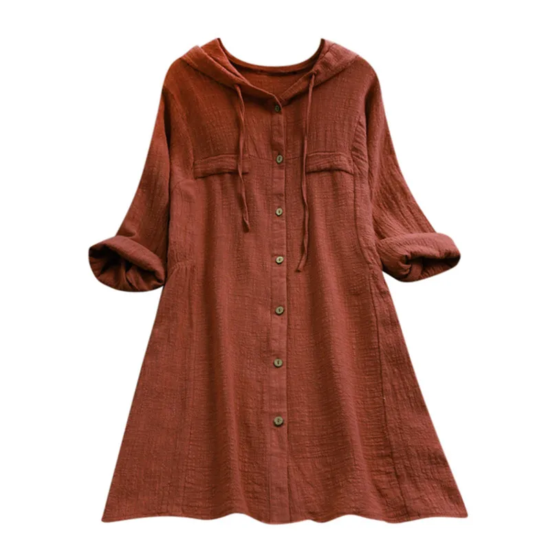 New Fashion Summer Women Brief Casual Daily Hooded Pocket Loose Blouse Button Plus Size Cotton T-Shirt Top #4F01  (15)