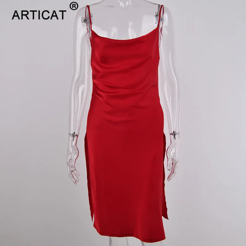 Articat, v-образный вырез, высокий разрез, сексуальные вечерние женские платья, спагетти ремень, открытая спина, шелковое атласное платье, элегантное осеннее платье для ночного клуба