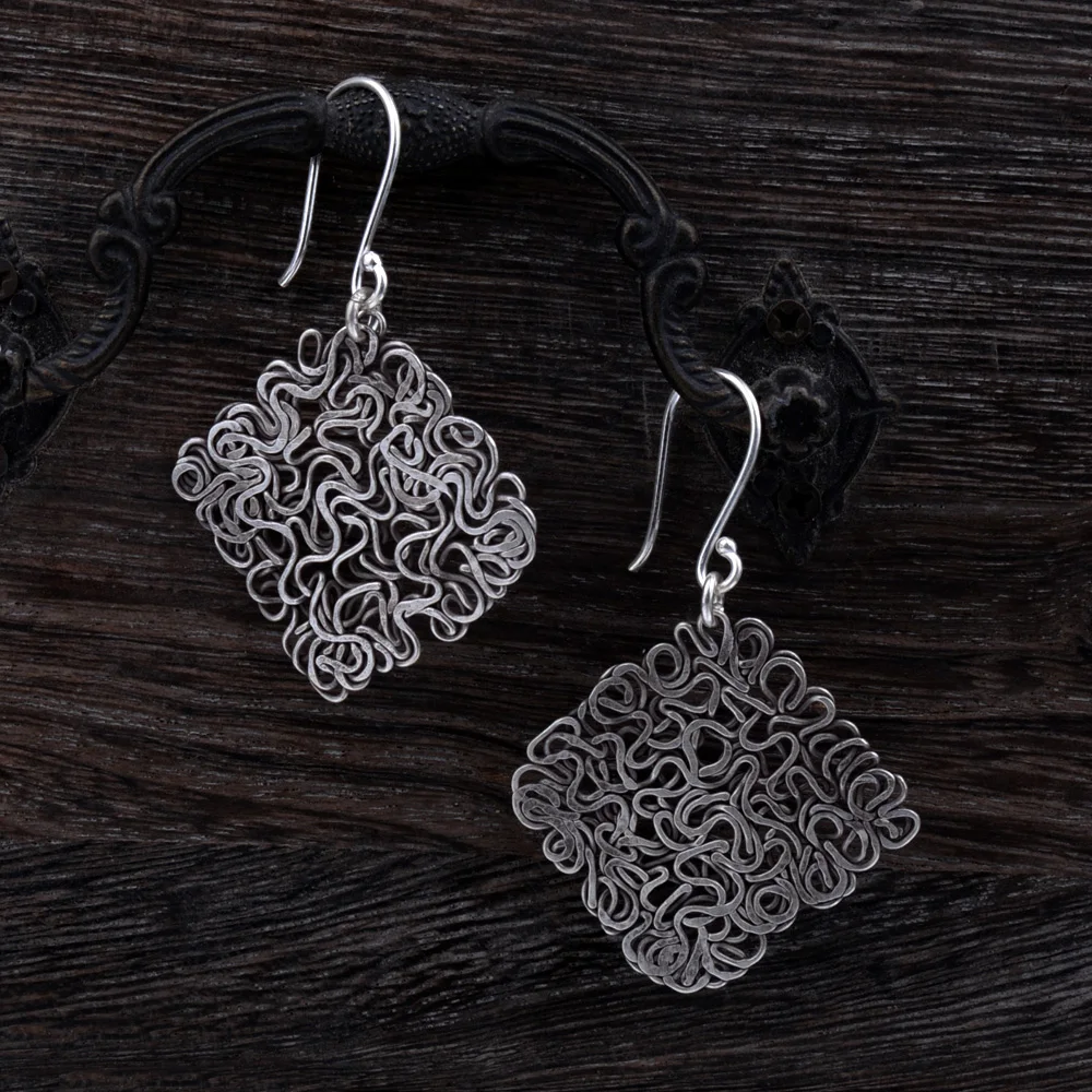 

Mythic Age Real 925 Sterling Silver Vintage Wool Square Drop Dangle Earrings Jewelry Gift for Woman Girl