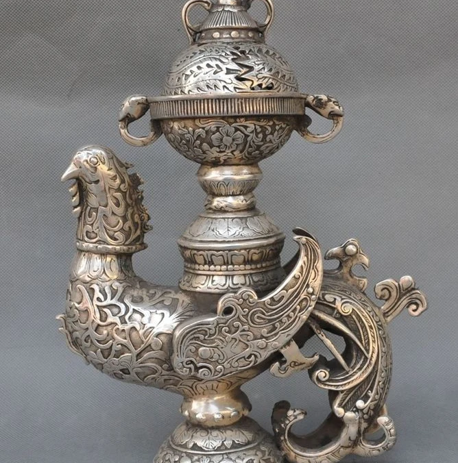 

10" Marked Old Chinese Silver Lucky Bird Phoenix Statue Incense burner Censer