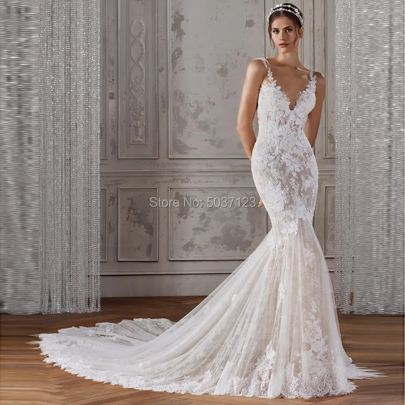 

Lace Mermaid Wedding Dresses Vestidos De Noiva V Neck Lace Appliques Sleeveless Illusion Wedding Bridal Gown Court Train Plus