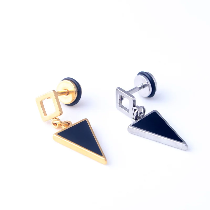 

New Fashion Punk Silver gold Triangle Titanium Steel Women Men Hollow Square Black Drip Oil Triangle Earrings Brincos Jewelry