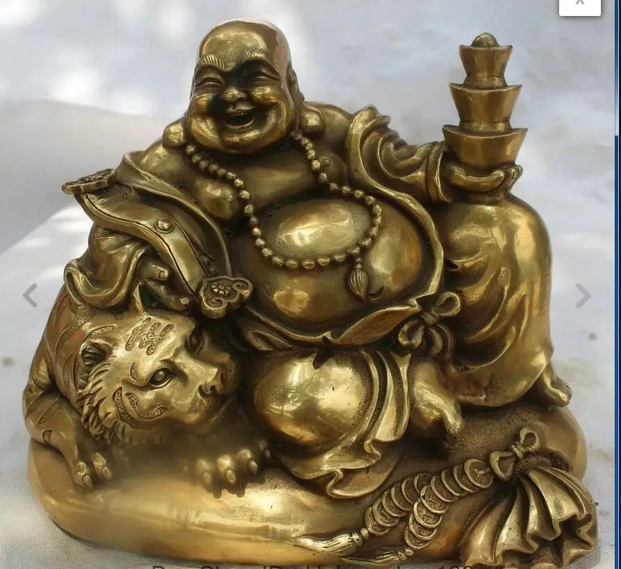 

wang6710579++10" China Brass Wealth Happy Laugh Maitreya Buddha Tiger Ru Yi Statue Sculpture