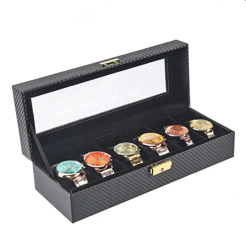6 Slots Carbon Fiber Leather Watch Boxes Case With Lock Black PU Watch