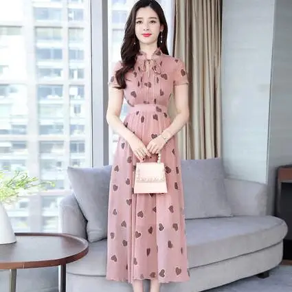 Новые поступления Для женщин Летние шифоновые платья модный принт с коротким рукавом длинное платье элегантный тонкий платье Большие размеры Vestidos - Цвет: Розовый