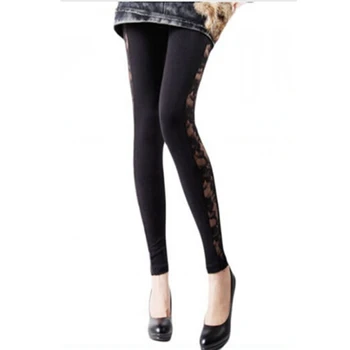 

2018 Women New Fashion Casual Solid Spliced Lace Floral Leggings Summer Skinny Pencil Stretch High Waist Black Leggings Hot