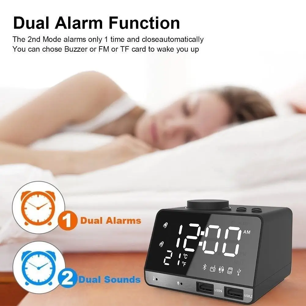  Wireless Bluetooth Bass Speaker FM Radio Mirror LED Dual Alarm Clock USB Charger