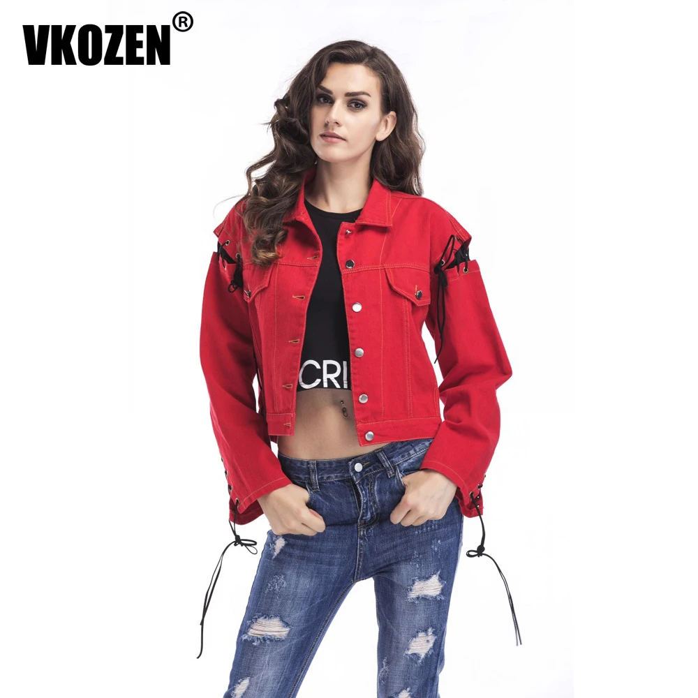 women fashion letter print red denim jacket lace up sleeve single