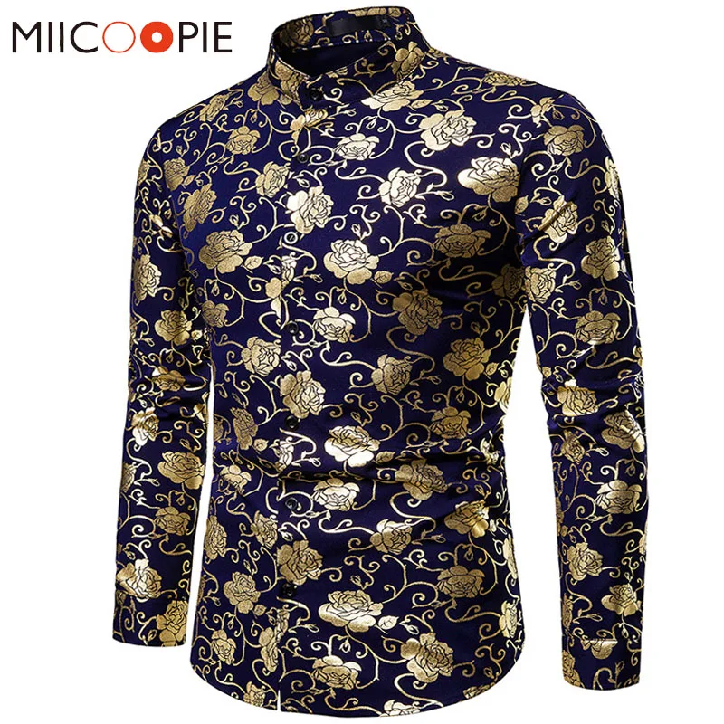 Мужские рубашки с цветочным узором Роскошные брендовые золотые мужские платья с розовым цветочным принтом Bronzing Camisa Masculina
