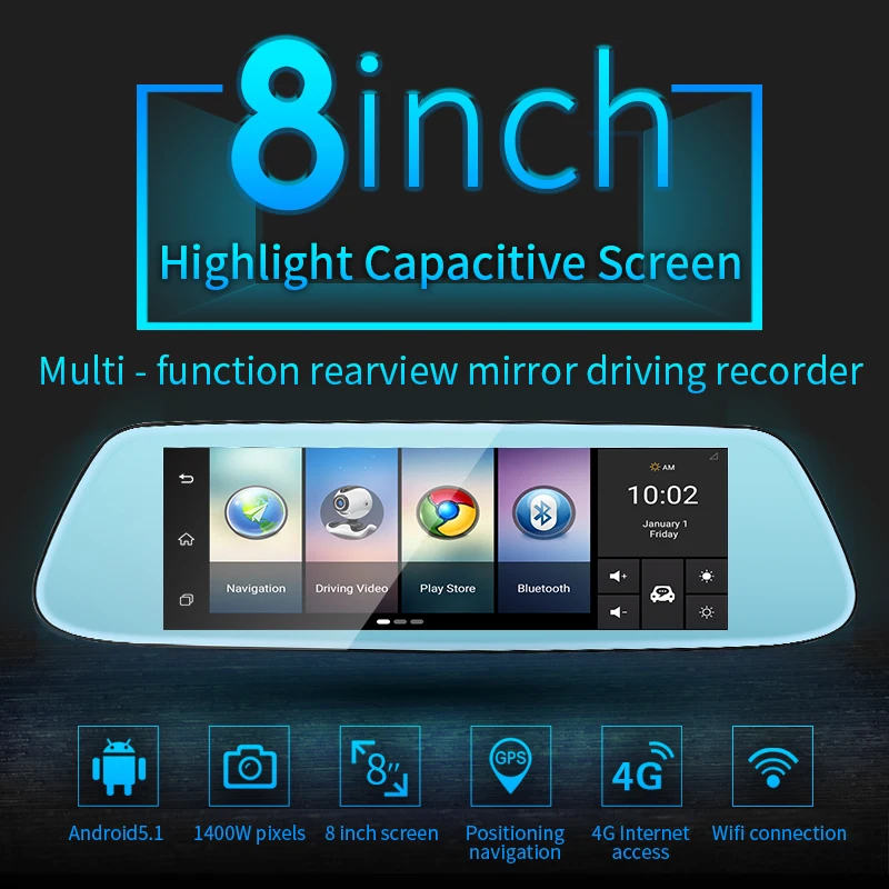 

RoverOne 8'' Android GPS Navigator HD Video Car DVR Dash Cam Rearview Mirror Radar Detector Dual Camera Recorder 4G Bluetooth