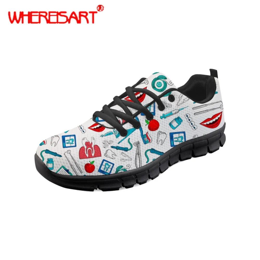 

WHEREISART Ladies Sneakers Orthodontist Printing Flat Shoes Women Dentist Pattern Mesh Shoes for Teenagers Flat Sneakers Zapatos