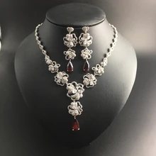 2017 new elegant flower red water drop zircon necklace earring jewelry set wedding bride banquet dress jewelry free shipping