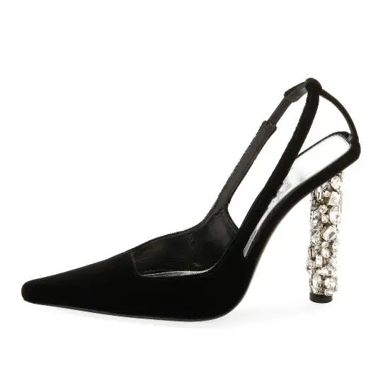 

Newest Black Suede Slingback Women Sandal Pointed Toe Rhinestone Women Square Heels Shoes Cut-out Chunky Heel Dress Shoes