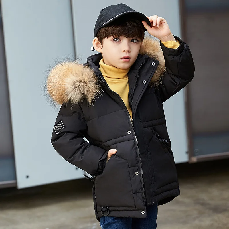 HSSCZL/куртки-пуховики на утином пуху для мальчиков и девочек г. Новая зимняя утепленная верхняя одежда для маленьких детей Детская одежда с капюшоном От 2 до 6 лет - Цвет: Черный