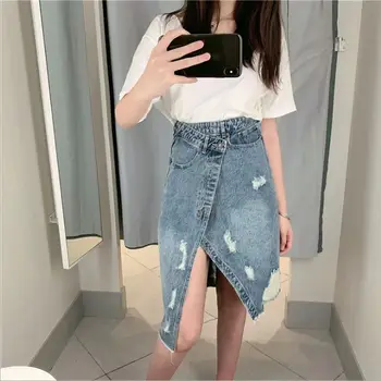 

HCBLESS Women denim Skirt cross hem irregular hole denim skirt high waist denim skirt