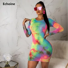 Women Tie Dye Print Mini Dress Colorful Sheath Long Sleeve Dress Sexy Bodycon Fishnet Dresses Club Outfit Elegant Party Vestidos long sleeve tie dye dress