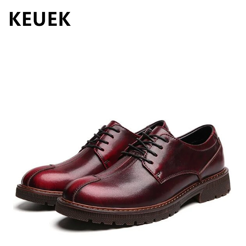 

British style Casual Leather shoes Spring Autumn Men Dress shoes Lace-Up Flats Genuine leather Business shoes 02C