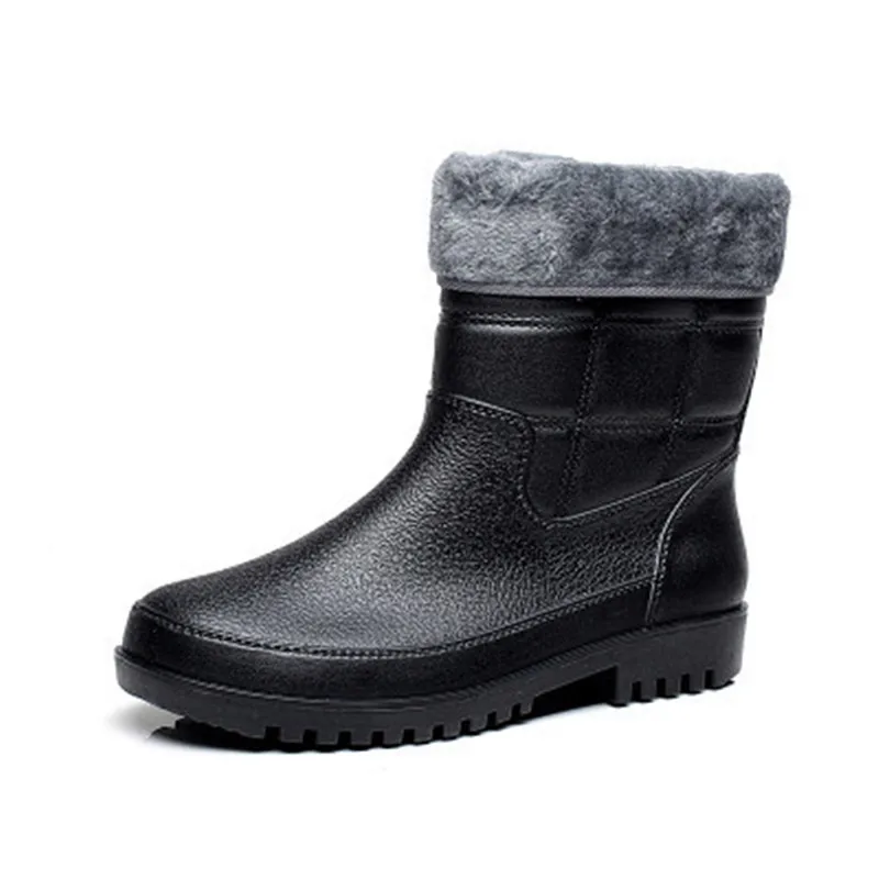 

Plus size leather pattern men's rain boots plus velvet cotton warm short tube rain boots fishing anti-slip shoes rubber shoes
