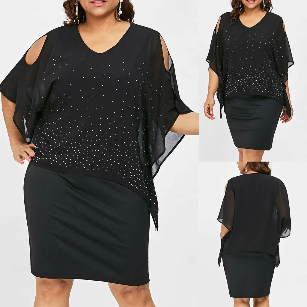 

2019 sales New Fashion Dress Casual comfortable Women Plus Size O-Neck Solid Cold Shoulder Overlay Asymmetric Diamonds Dress 5XL