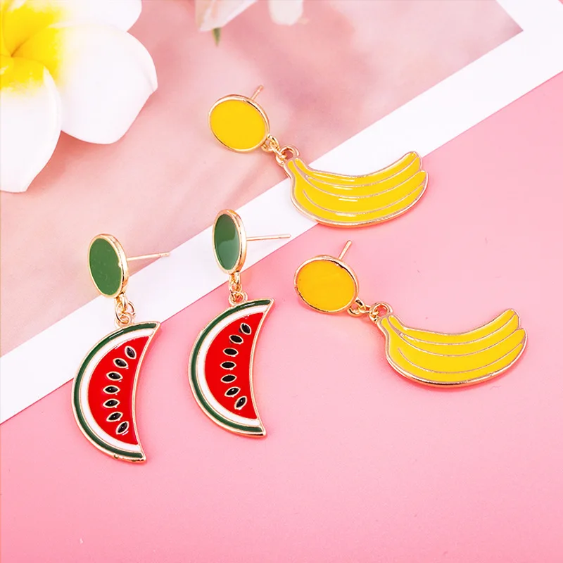 

2019 Korean Fruit Watermelon Banana Yellow Long Dangle Earrings Big Drop Earrings for Women Jewelry Fashion