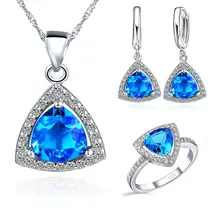 Conjuntos de Jóias azul Gordura Triângulo Brincos Cor de Pedra Cúbica do Zirconia 925 Sterling Silver Pingente Colares Anéis de Dedo US6-9(China)