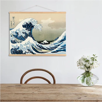 

QKART Wall Art Japan Style The great wave off Kanagawa Wall Art Pictures Hanging Canvas Wooden Scroll Paintings For Living Room