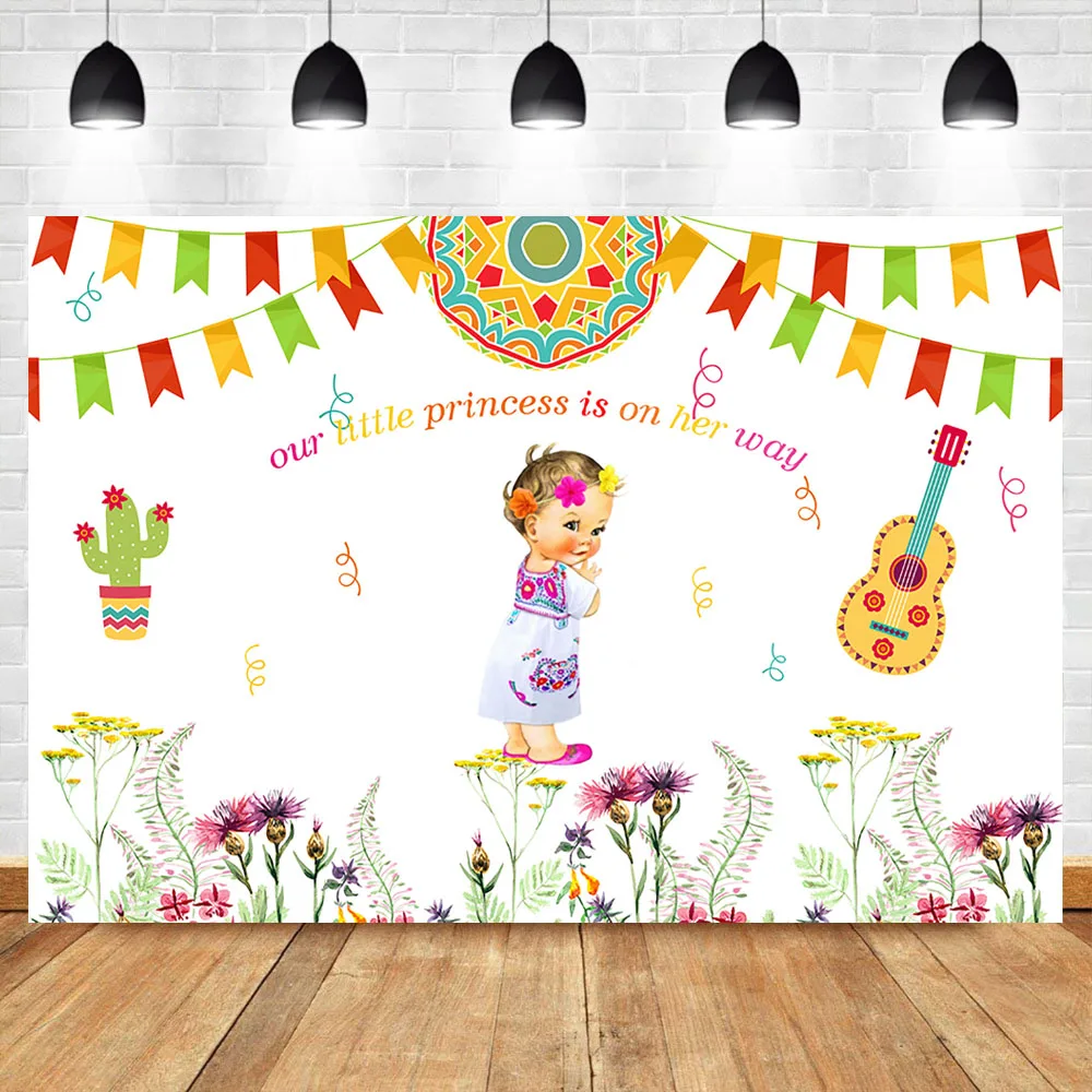 

Neoback Mexican Fiesta Baby Shower Photo Backdrop Little Princess Flower Color Flag Photography Backgrounds