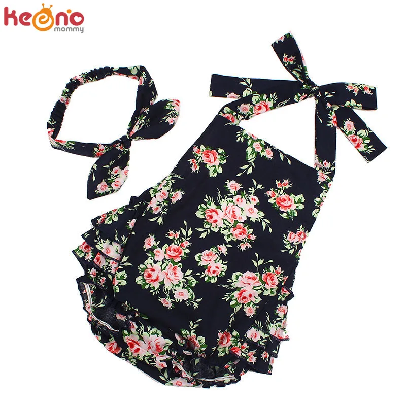 

Floral Print Baby Girls Summer Rompers Sleeveless Backless Jumpsuit Romper and Headband Outfits Toddler Sun Clothes
