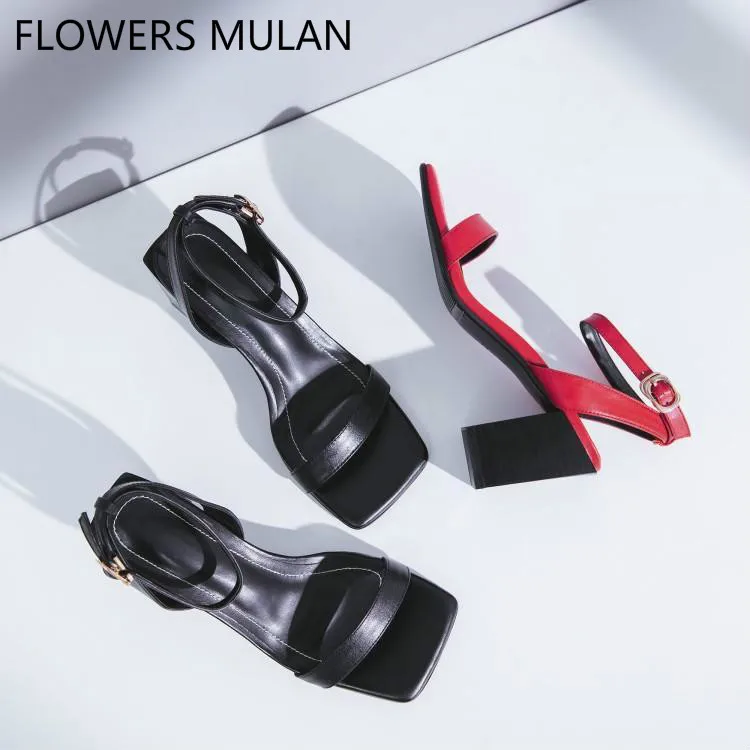 

Fashion One Buckle Summer Sandals Women 2019 Chic Square Toe High Chunky Heels Shoes Woman Ankle Buckle Gladiators Designers