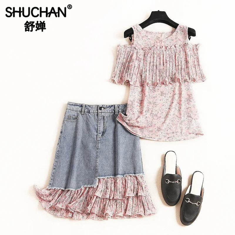 

Shuchan Winter Casual Skirts Suit Summer Female Print Chiffon Blouse+denim Skirt Patchwork Ruffles Two Piece Set Skirt 12126