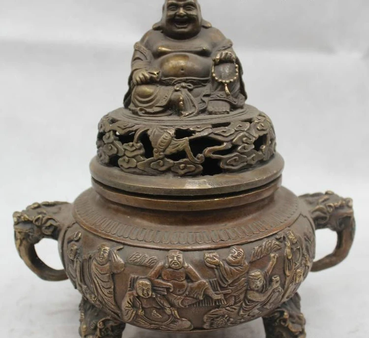 

10"China Chinese Folk Bronze Lion eighteen arhat Maitreya incense burner Statue