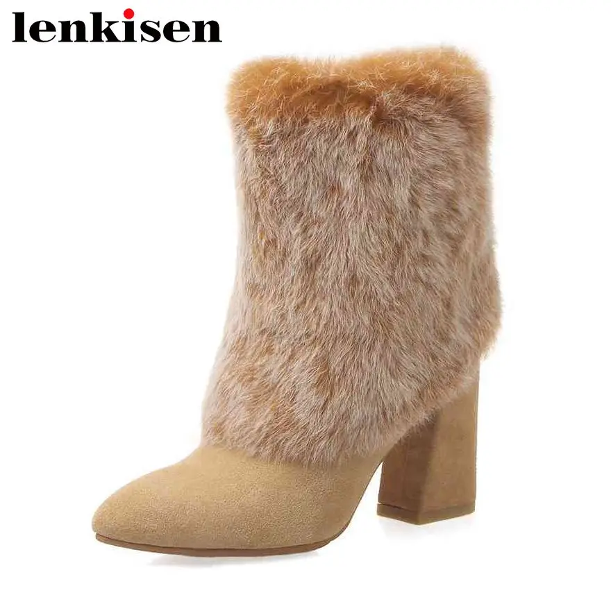 

Lenkisen new fashion rabbit fur solid pointed toe lace up velvet thick high heels keep warm women winter ankle snow boots L83