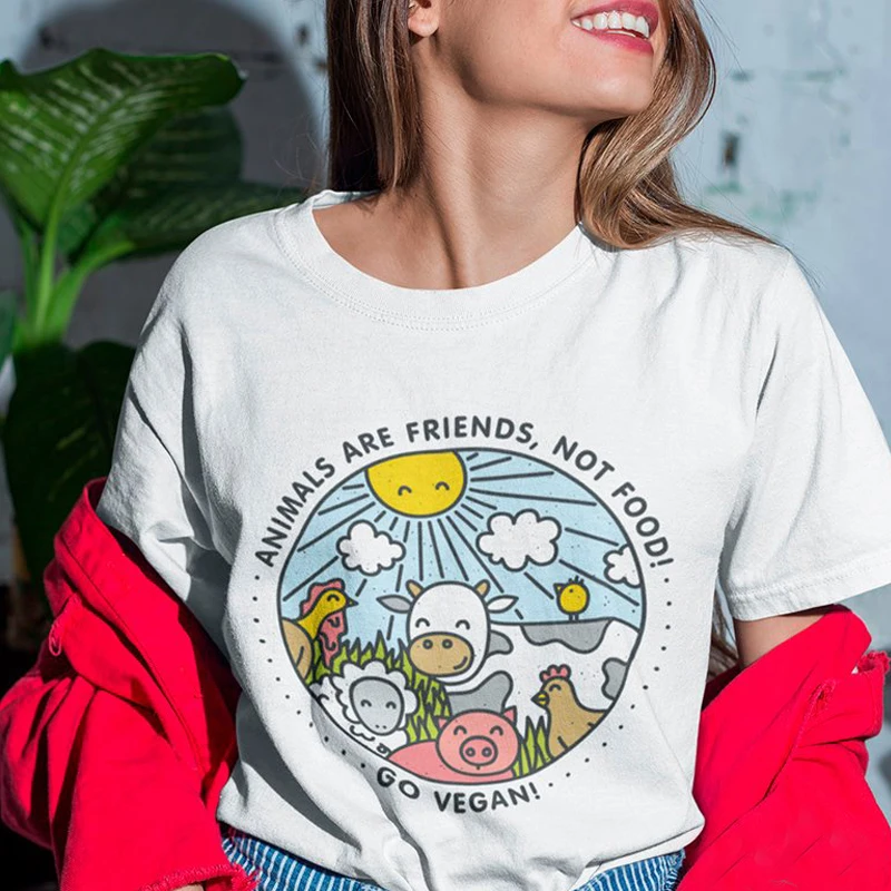 Animals Are Friends Not Food Funny Print Tshirt Women Go Vegan Shirts 90s  Grunge Fashion Short Sleeve Cotton tees grunge top