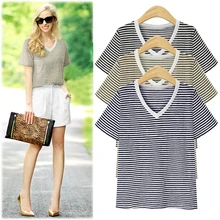 2019 new fashion T-shirt women's casual Harajuku style T-shirt V-neck striped shirt Korean version of the oversized T-shirt 5XL 2019 new fashion T-shirt women's casual Harajuku style T-shirt V-neck striped shirt Korean version of the oversized T-shirt 5XL