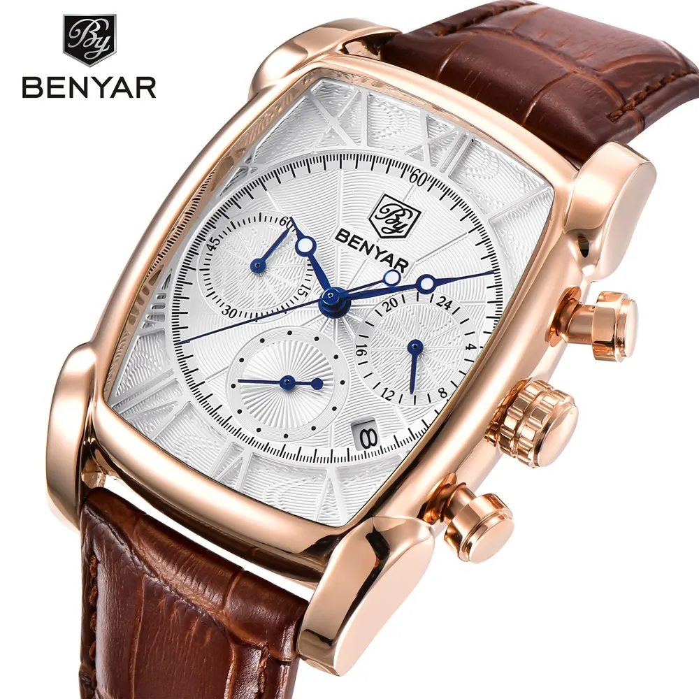 Benyar квадратные мужские часы лучший бренд класса люкс Бизнес водонепроницаемые кварцевые кожаные спортивные наручные часы Мужские часы Relogio Masculino