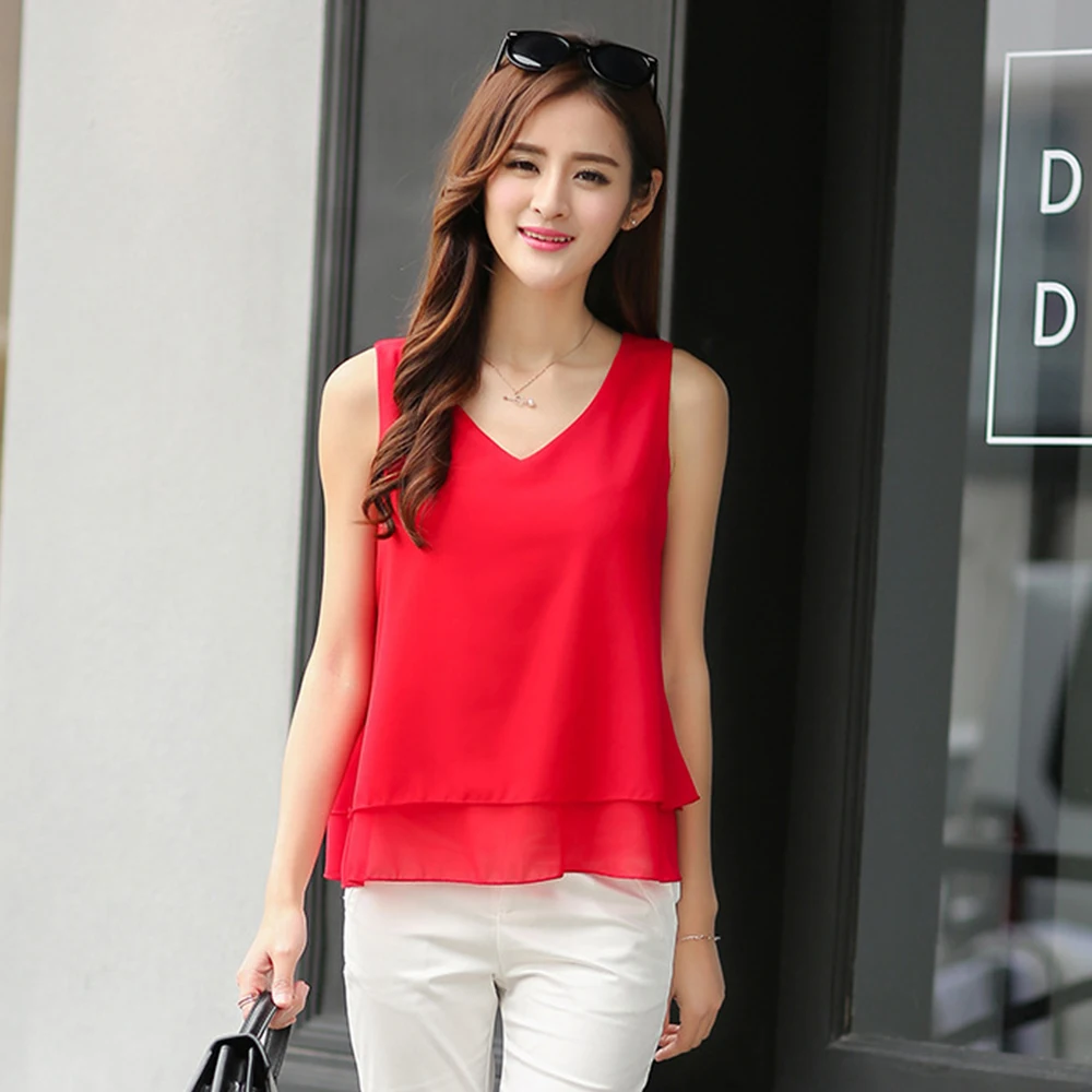 

New Spring Loose Double Vest Sleeveless Chiffon Shirt Slim V-collar Tops Breathable Colorful Suspender Bottom Blouse Plus Size