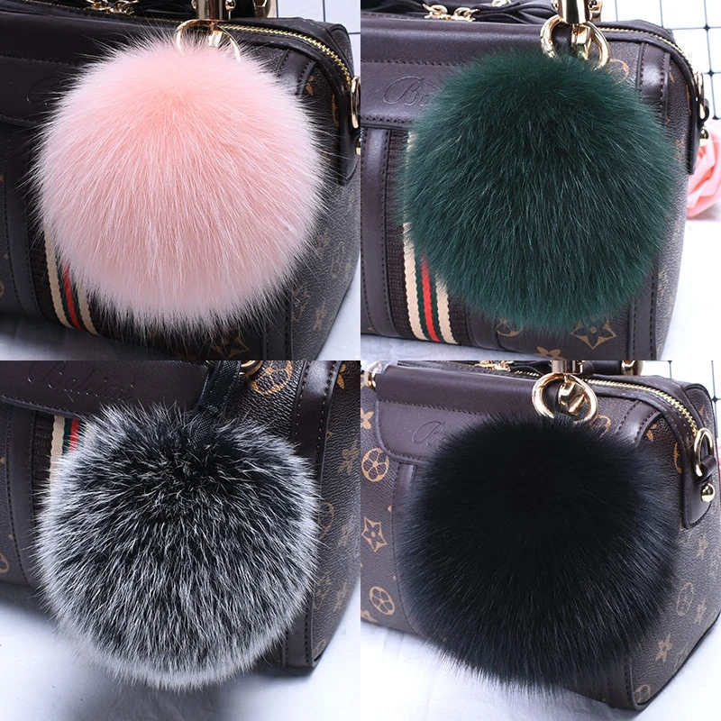 

12cm Fluffy Real Fox Fur Ball Keychain Pom Poms Fur Pompom Ball High Quality Keychain Car Key Chain Metal Ring Pendant For Women