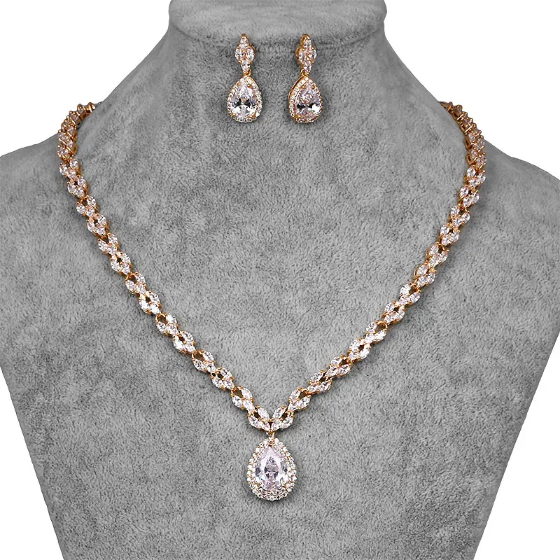 

baiduqiandu Cubic Zirconia Waterdrop Pendant Necklace Earring Jewelry Set For Women Wedding Bridal Bridesmaid Accessories