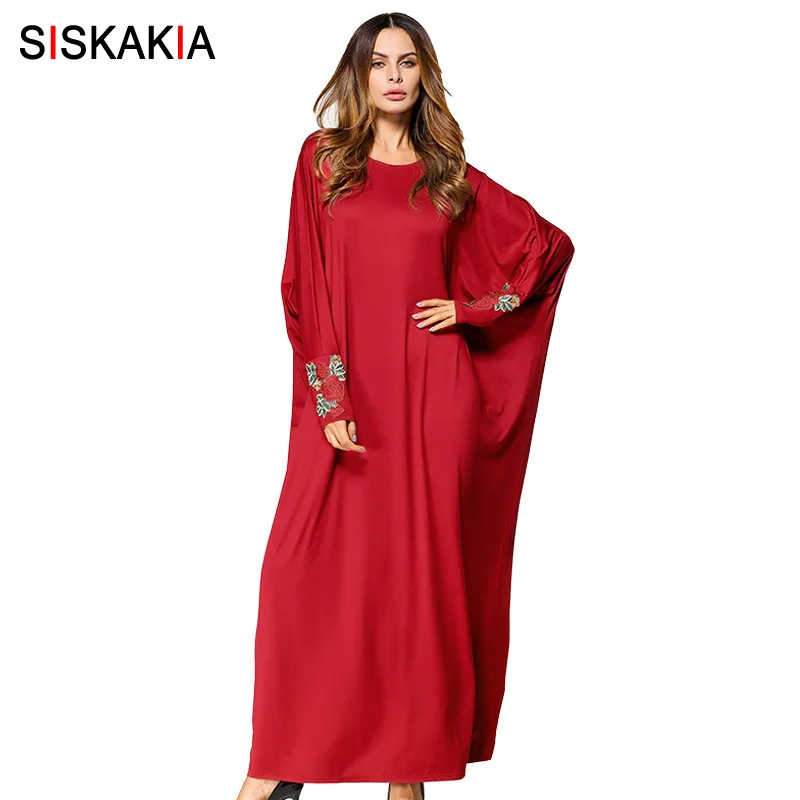 

Siskakia muslim abaya bat sleeve flower Embroidery plus size dress Autumn 2017 women gowns festival Casual party robes Female