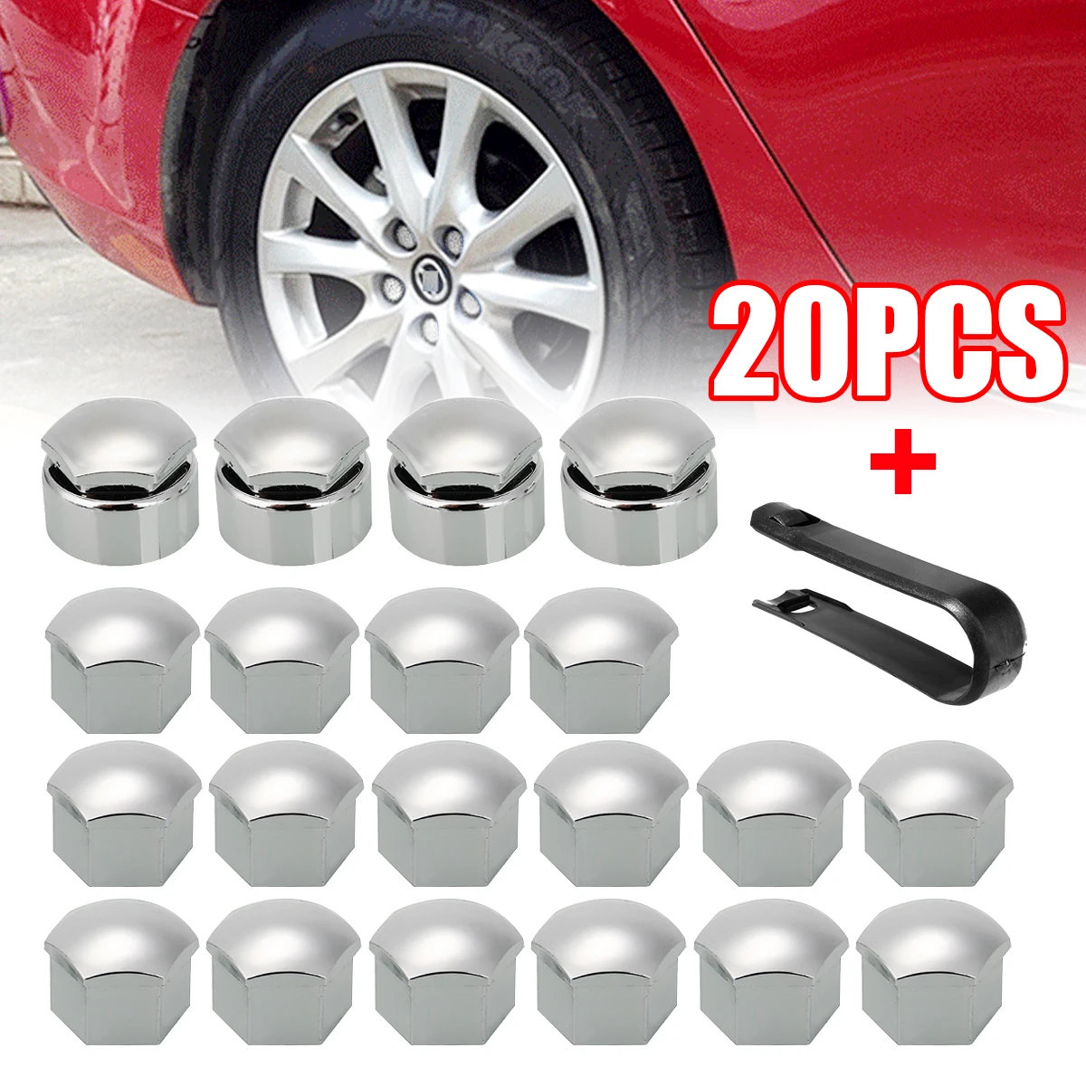 

Mayitr 20pcs 17mm Silver Car Wheel Nut Caps Auto Hub Screw Cover+Removal Tool Set For Ford Peugeot Citroen